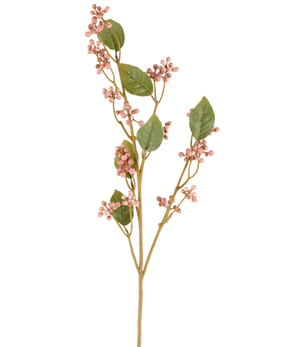 A single stem of the Artificial Dewberry flower, 78 cm high in old pink, with green leaves and bunches of small, round, pink berries on slender brown stems, depicted against a plain white background.