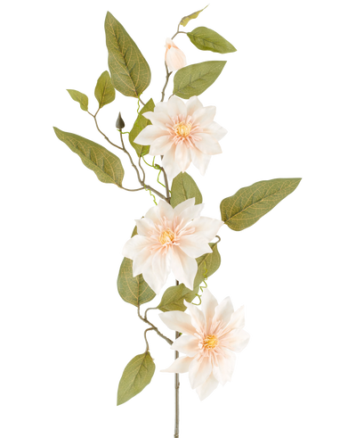 A detailed Artificial Flower Clematis of 81 cm in the color 'old cream' consists of three light pink flowers, various green leaves and some buds, against a plain white background.