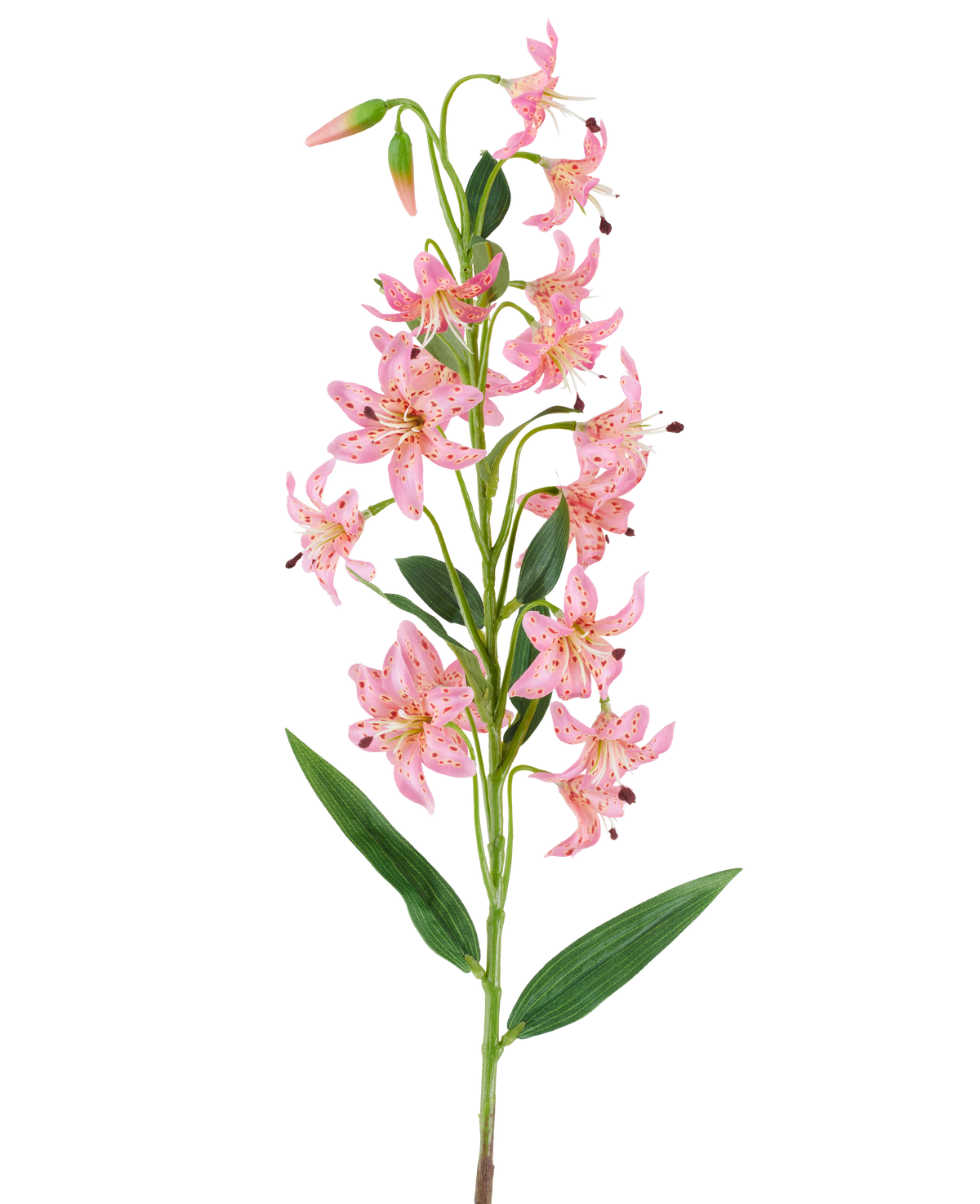 A single stem of the Artificial Flower Lily 82 cm fuchsia, with vibrant fuchsia-colored lily flowers with dark spots, green leaves and buds against a white background.