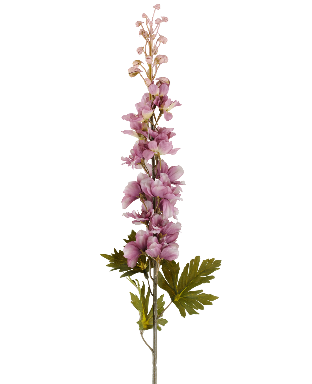 A single stem of Artificial Flower Delphinium 79 cm mauve with multiple mauve-toned pink and purple blossoms blooming upwards, accented by green leaves, pictured against a white background.