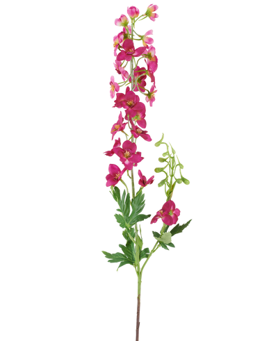 A single stem of the Artificial Flower Delphinium 79 cm dark pink, with bright pink artificial flowers, green leaves and buds, isolated against a white background.
