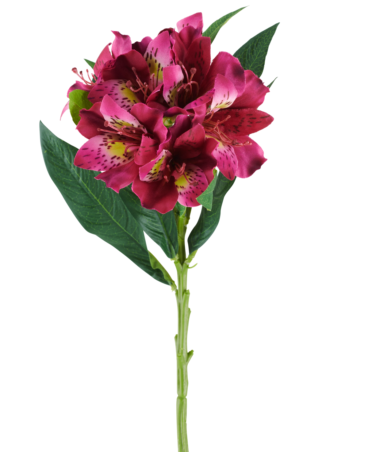 A single stem of the Artificial Alstroemeria flower measuring 74 cm in red and purple tones, with lifelike flowers and green leaves, isolated against a white background.