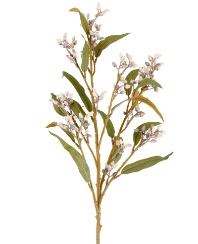 A single 78cm Artificial Flower Eucalyptus stem in cream/brown, with several branches of green leaves and clusters of small, round flowers, pictured against a plain white background.