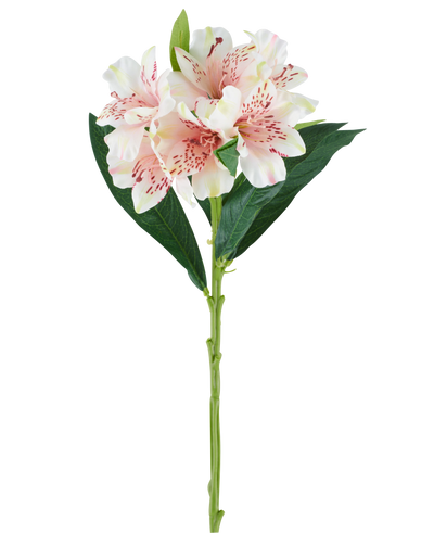 A single stem of the Artificial Alstroemeria flower 74 cm light pink with green leaves and three light pink flowers with dark pink speckles, against a white background.