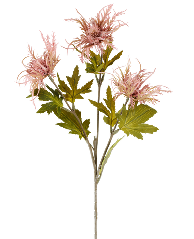 A single stem of Artificial flower Armeria maritima, 67 cm old pink, with several green leaves and three pointed, old pink flowers, depicted against a plain white background.