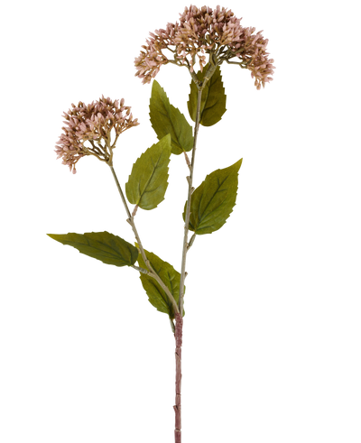 A single stem of Artificial Flower Sedum 67 cm mauve has two bunches of small, light mauve flowers and numerous green leaves against a white background.