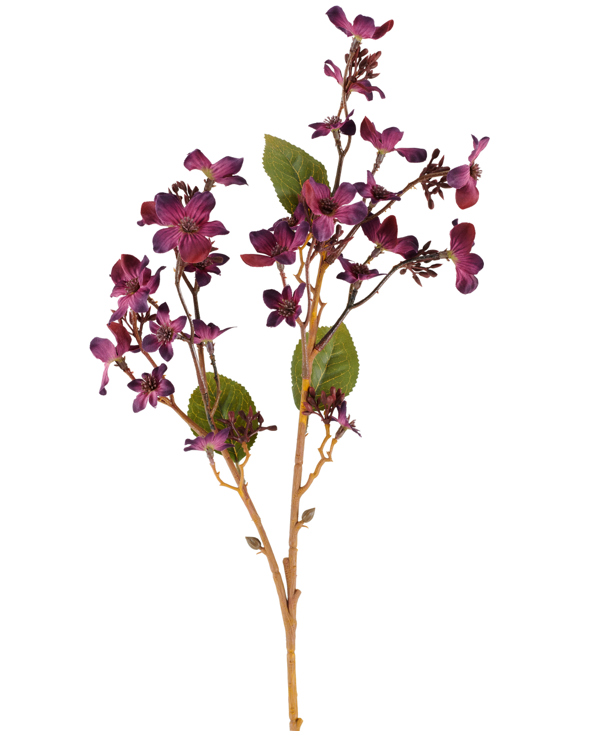 An Artificial Flower Vernicia Fordii of 63 cm in burgundy red, with bunches of small, dark purple flowers and green leaves on slender, light brown stems, shown against a white background.