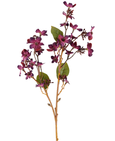 An Artificial Flower Vernicia Fordii of 63 cm in burgundy red, with bunches of small, dark purple flowers and green leaves on slender, light brown stems, shown against a white background.