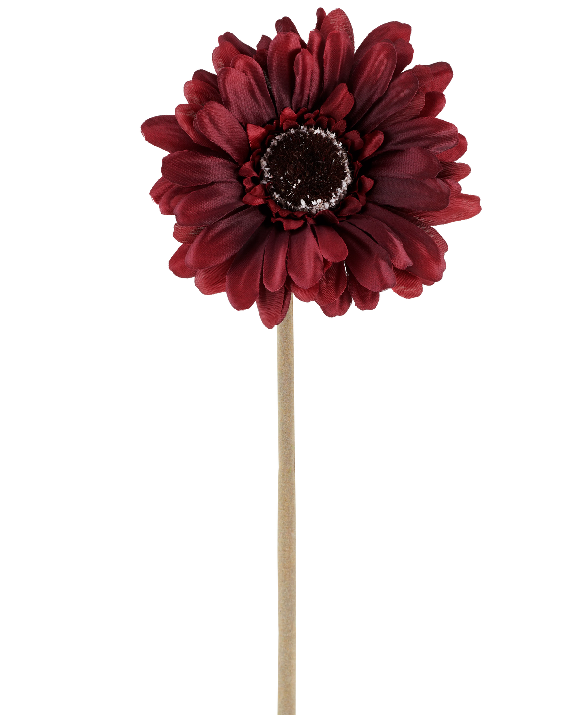 The Artificial Flower Gerbera 53 cm bordeaux consists of one artificial gerbera in a rich, dark red shade with layered petals and a brown heart, attached to a long, straight, light-colored stem and presented against a plain white background.