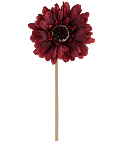 The Artificial Flower Gerbera 53 cm bordeaux consists of one artificial gerbera in a rich, dark red shade with layered petals and a brown heart, attached to a long, straight, light-colored stem and presented against a plain white background.