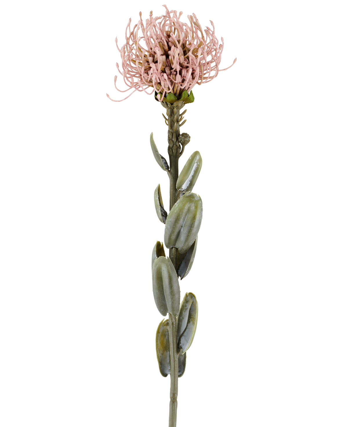A single stem of the Artificial Flower Protea 61 cm mauve, with oval green leaves and a round, spiky light mauve-pink flower at the top, pictured against a plain white background.