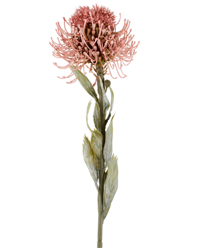 Artificial flower Protea 60 cm old pink with pointed pink petals and green leaves on a long stem, shown against a plain white background.