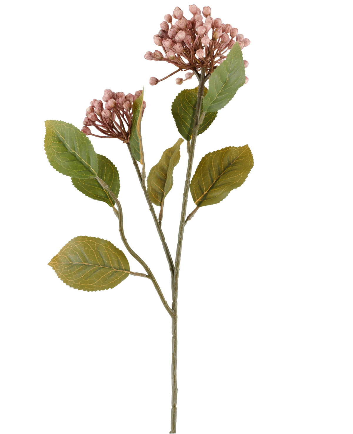 Artificial flower Hydrangea 55 cm mauve, with bunches of small, mauve buds and green leaves on long, slender brown-green stems, depicted on a white background.