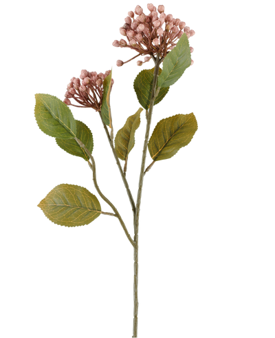 Artificial flower Hydrangea 55 cm mauve, with bunches of small, mauve buds and green leaves on long, slender brown-green stems, depicted on a white background.