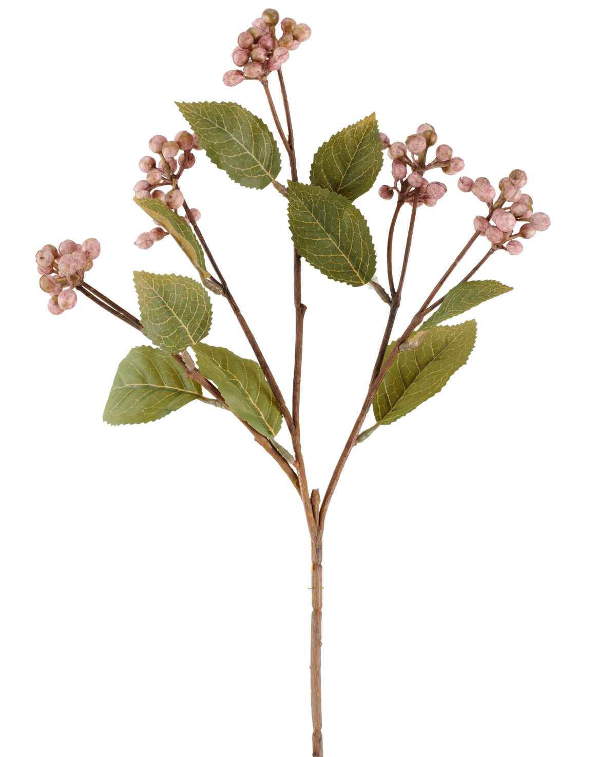 A single mauve Artificial Flower Wild Berry stem, 53 cm high, with multiple branches bearing bunches of small, round mauve berries and several oval green leaves against a white background.