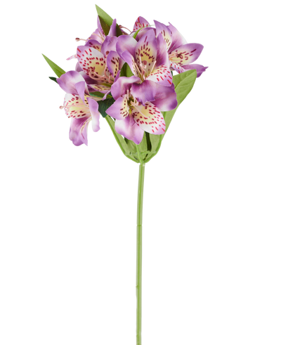 A single Artificial Alstroemeria flower of 47 cm, lilac in color, with several purple flowers with pink spots, green leaves and a green stem, photographed against a white background.