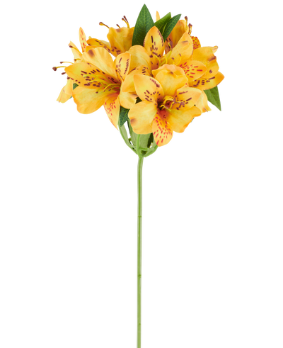 A 47cm artificial Alstroemeria flower, yellow, with vibrant yellow-orange spotted petals and lush green leaves on a single green stem, pictured against a white background.