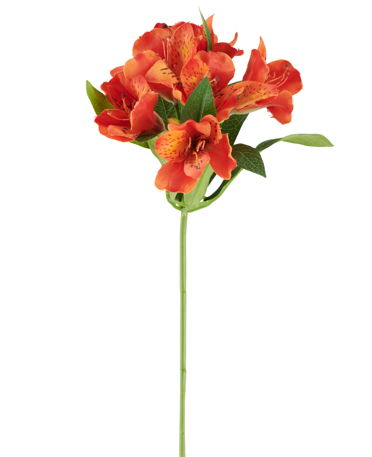 Artificial flower Alstroemeria, 47 cm, orange with several spotted flowers and green leaves on a white background.