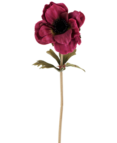 A single Artificial Anemone flower of 38 cm in burgundy red, with layered dark pink petals, a dark heart, green leaves and a long, slender stem, depicted against a plain white background.