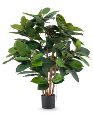 The Artificial Plant Rubber deluxe 90 cm has multiple wooden stems and large, glossy green leaves in a black pot - ideal for adding lifelike elegance to any room.