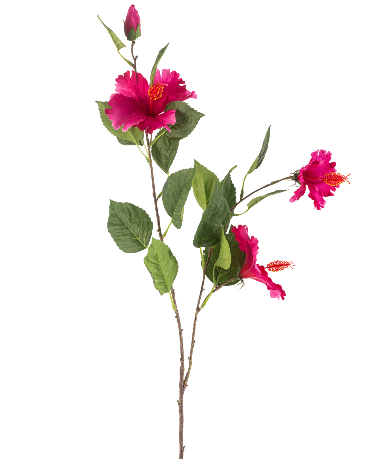 The Artificial Flower Hibiscus 89 cm fuchsia has a branch with green leaves, several vibrant fuchsia hibiscus flowers and a closed bud, all against a white background.