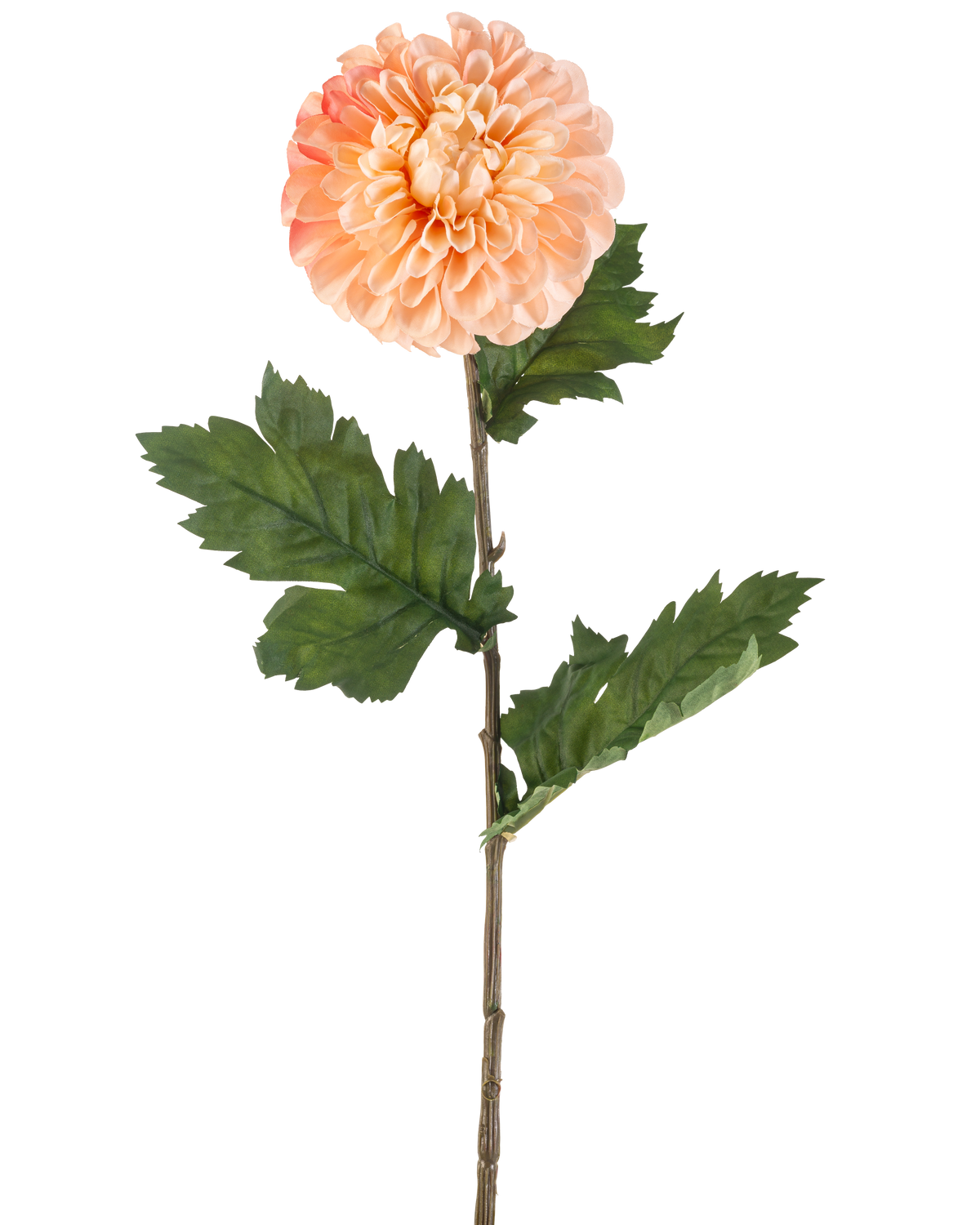 The Artificial Flower Dahlia 75 cm peach has a peach-colored dahlia with layered petals and three bunches of serrated green leaves on a long stem, depicted against a white background.