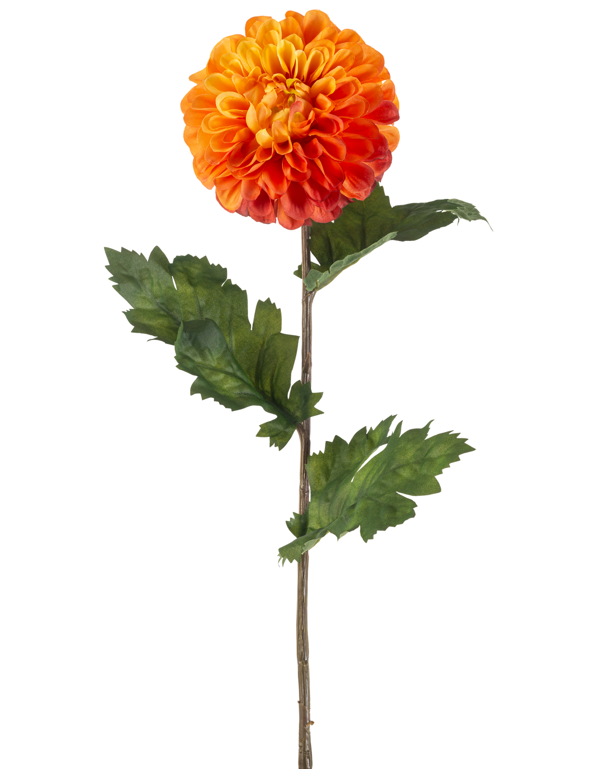 The Artificial Flower Dahlia 75 cm orange has a single orange dahlia with layered petals, green leaves and a long brown stem, against a plain white background.
