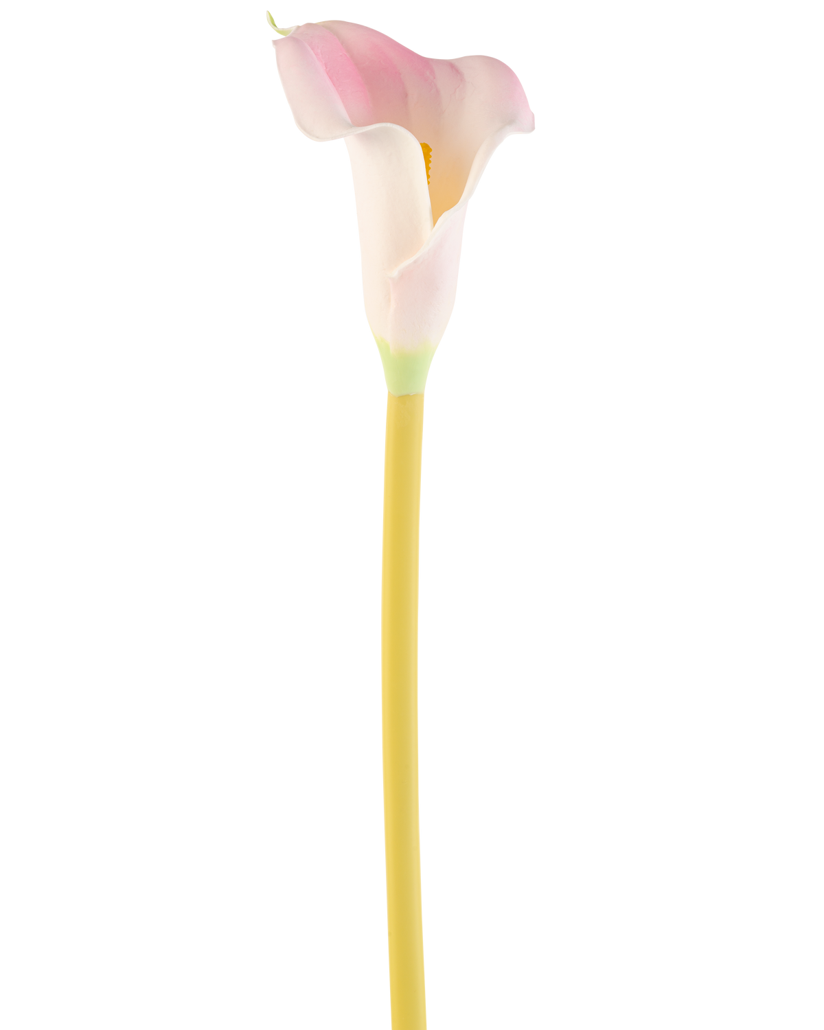 The Artificial Flower Calla 64 cm blush, a single pink and white calla lily with a yellow stem, is shown against a plain white background.
