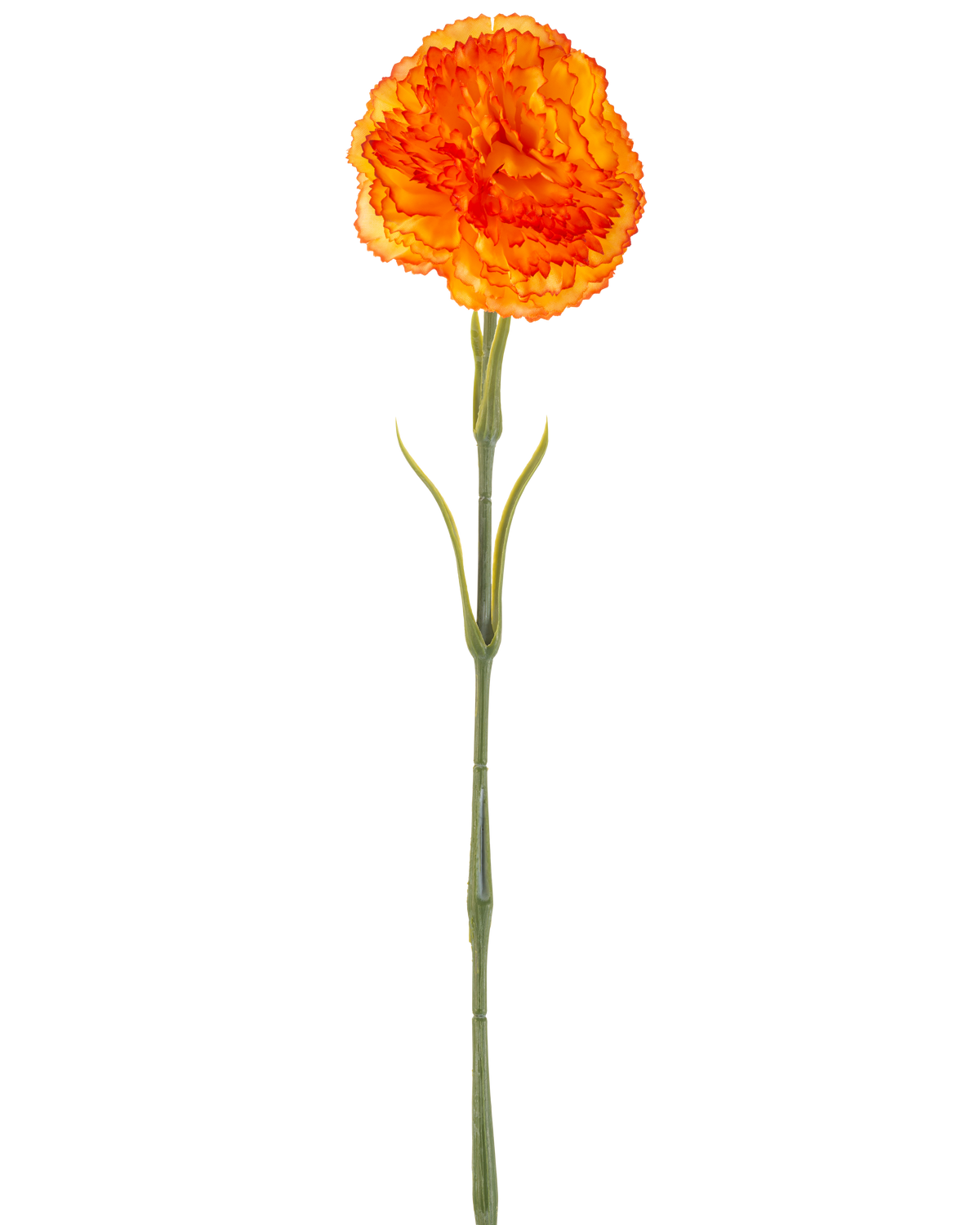 The Artificial Flower Carnation 57 cm orange is an artificial orange carnation with ruffles in the petals and a long green stem, isolated on a white background.