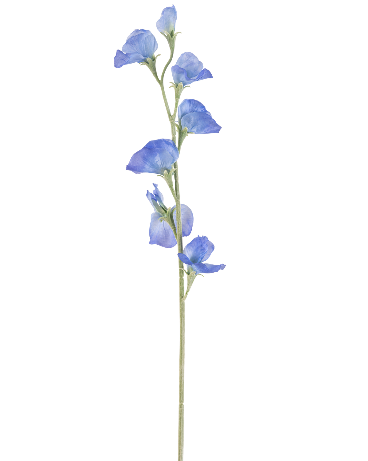 The Artificial Flower Pea 64 cm blue has a single slender green stem with several delicate blue flowers and green buds spread along its length, against a plain white background.