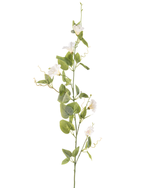 The Artificial Flower Bindweed 122 cm white has a single stem with small white flowers, green leaves and curled tendrils against a plain white background.