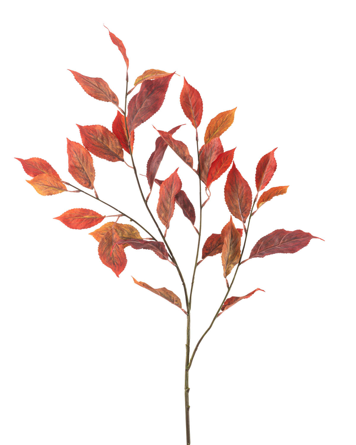 The Artificial Flower Elm Leaf 113 cm red has multiple thin stems with vibrant red and orange autumn leaves, isolated on a white background.
