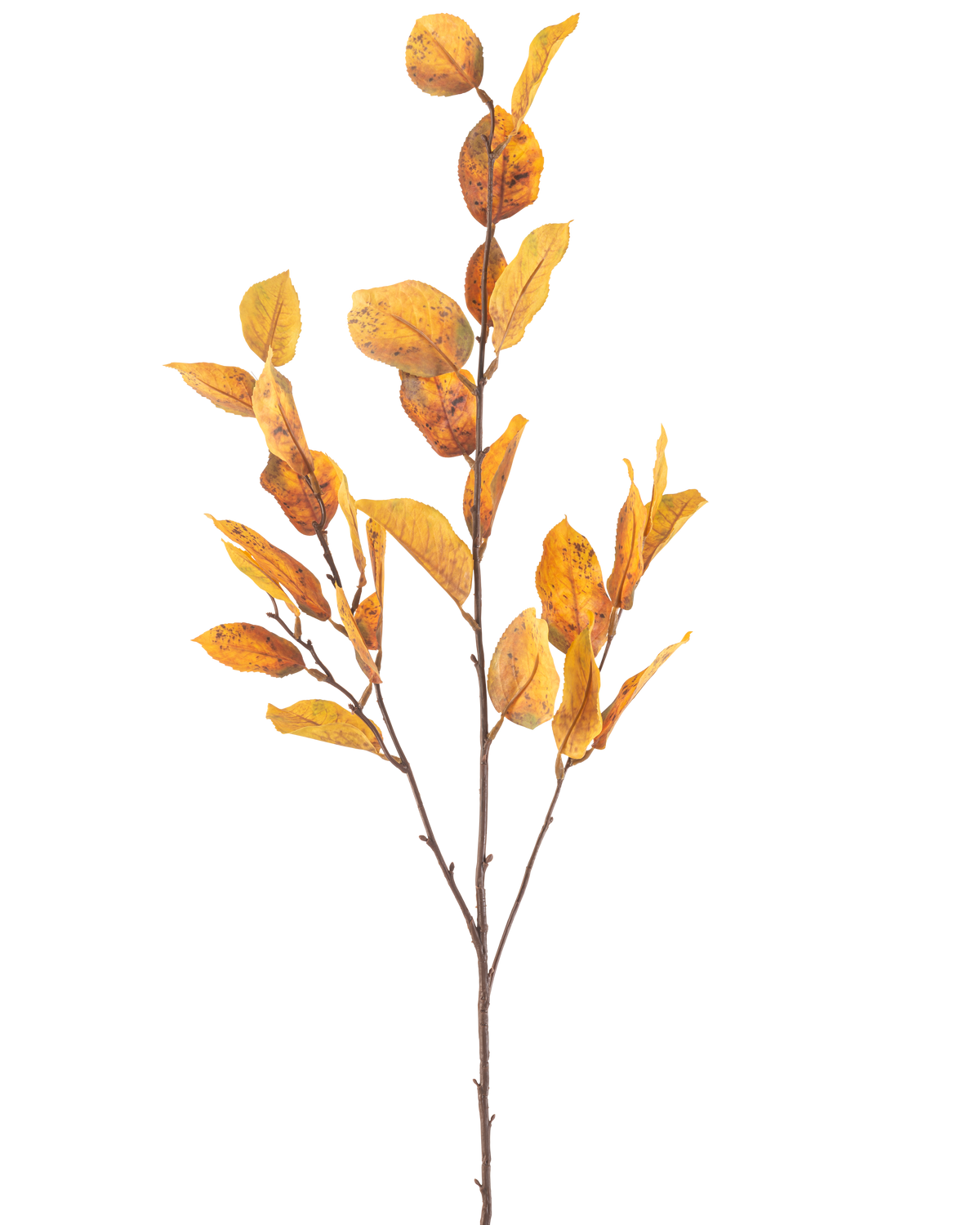 The Artificial Flower Lemon Leaf 107 cm yellow has a single brown branch with bunches of yellow autumn leaves, isolated on a white background.