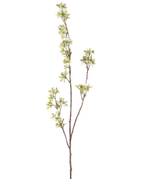 The Artificial Flower Flowers 102 cm green is a single, slender brown branch with several offshoots and small bunches of light green and white flowers against a plain white background.