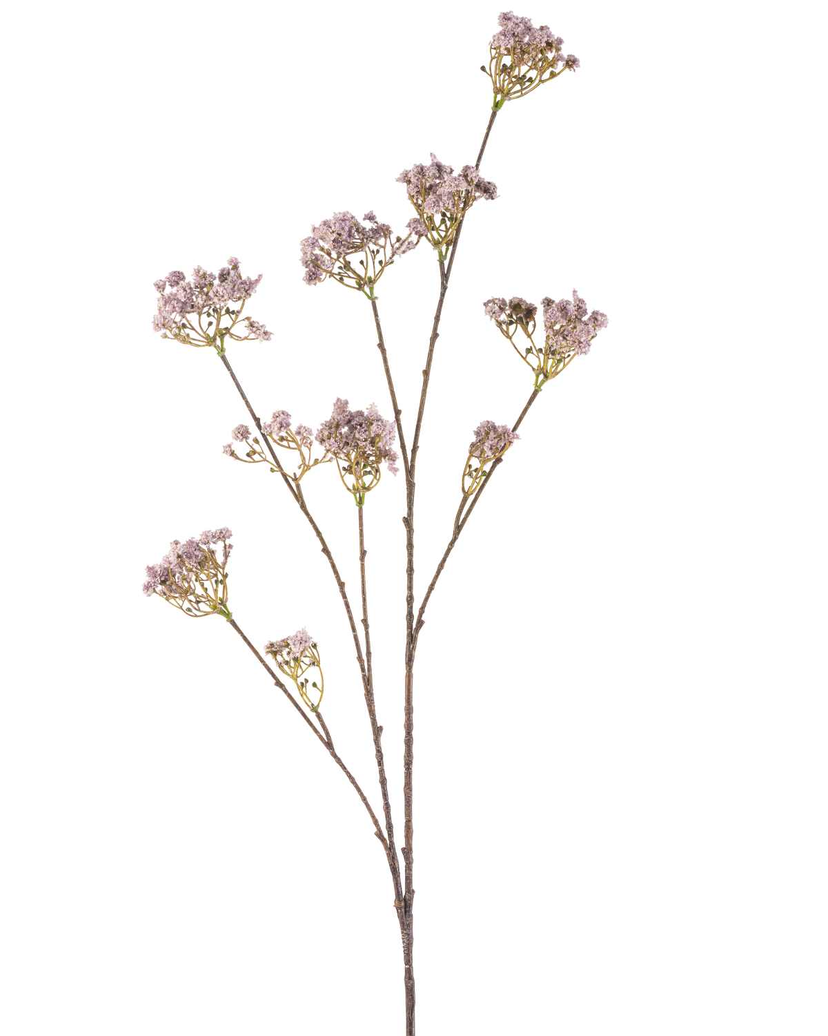 The Artificial Flower Baby's Breath 112 cm lilac has a slender stem with multiple branches, each decorated with bunches of delicate light purple flowers, against a plain white background.