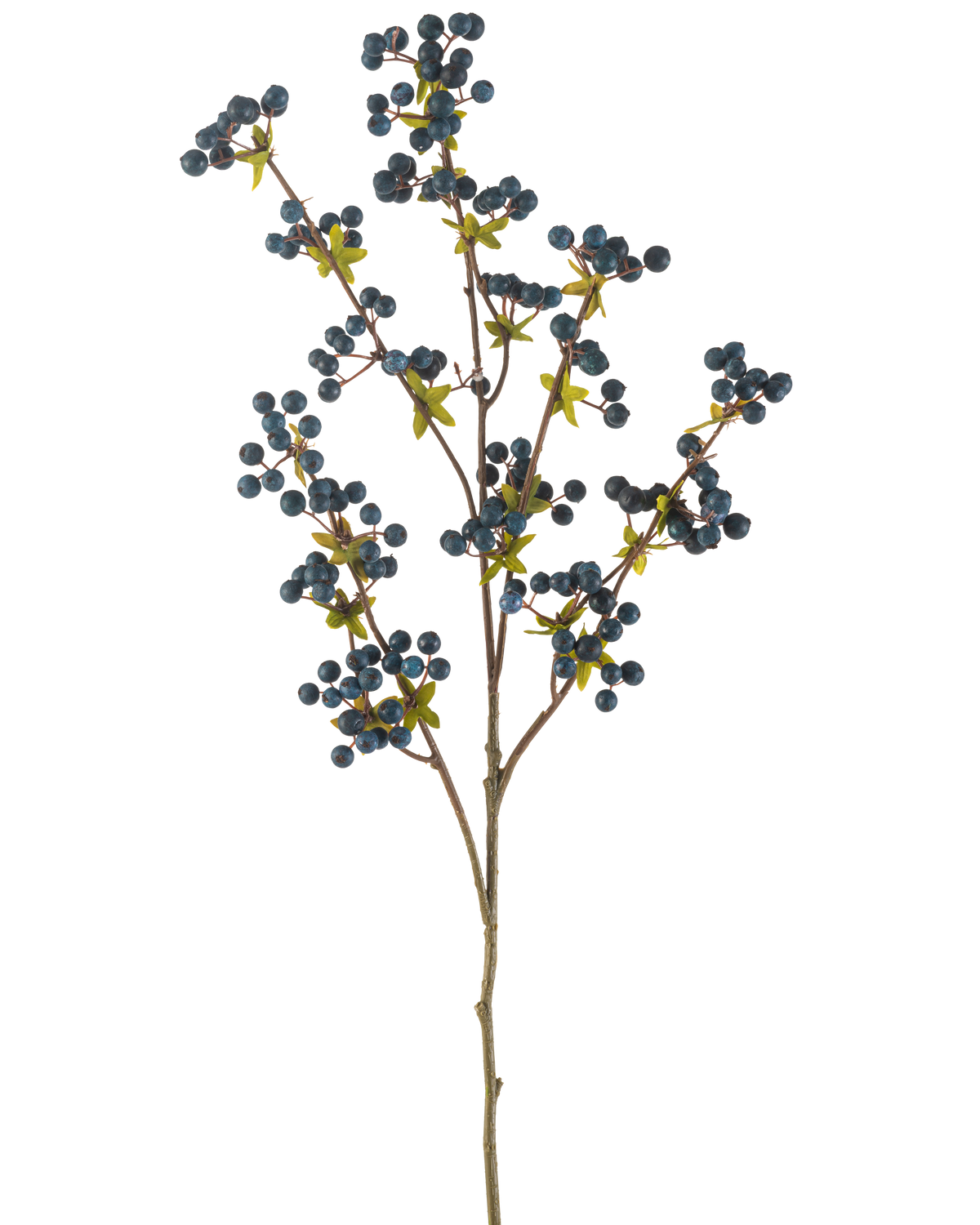 The Artificial Flower Berries 104 cm dark blue is a single thin branch with green leaves and bunches of small, round, dark blue berries, displayed on a plain white background.