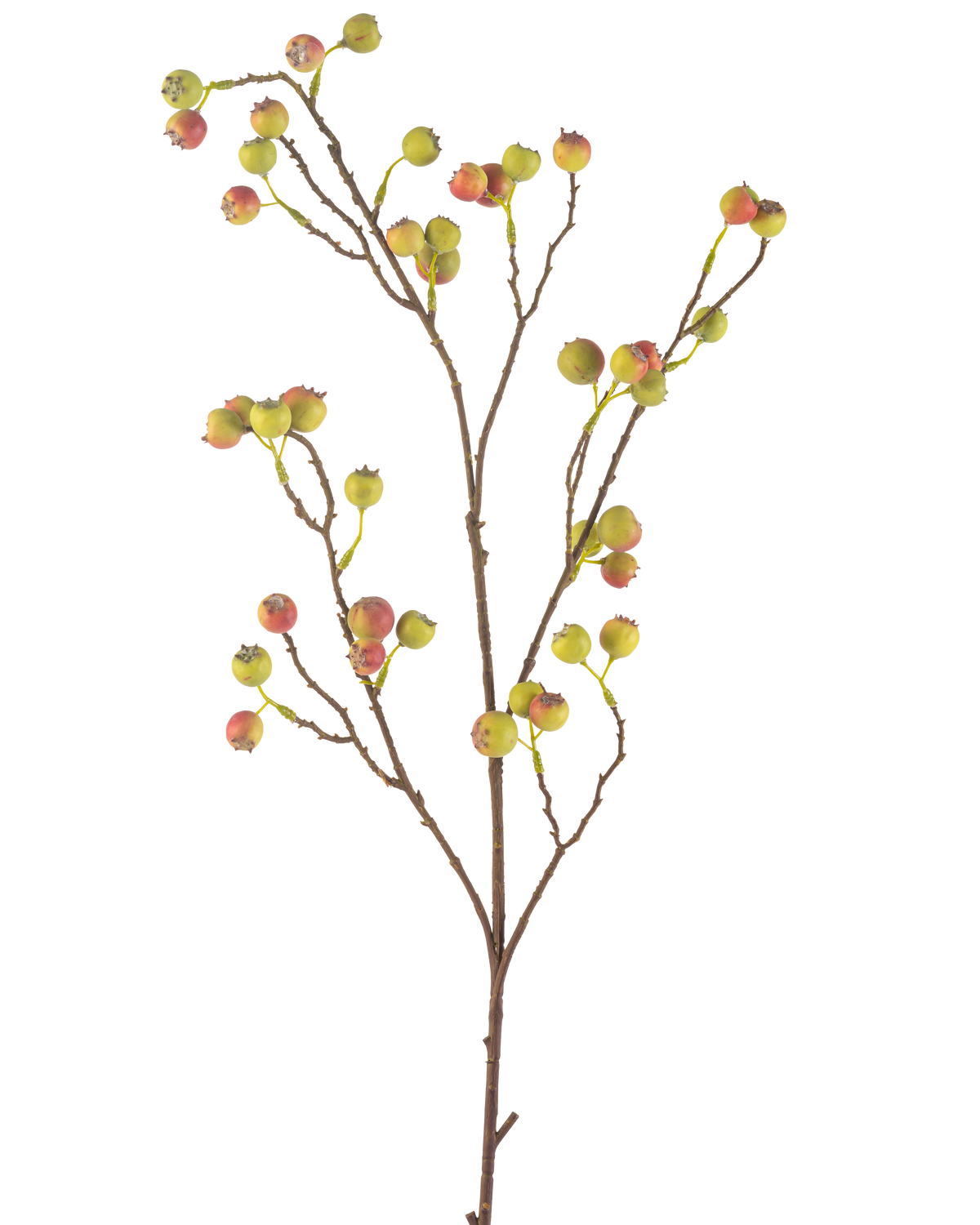 The Artificial Flower Hawthorn Berry 104 cm green/red has a slender brown stem with several offshoots, each decorated with bunches of small green and red berries, against a white background.