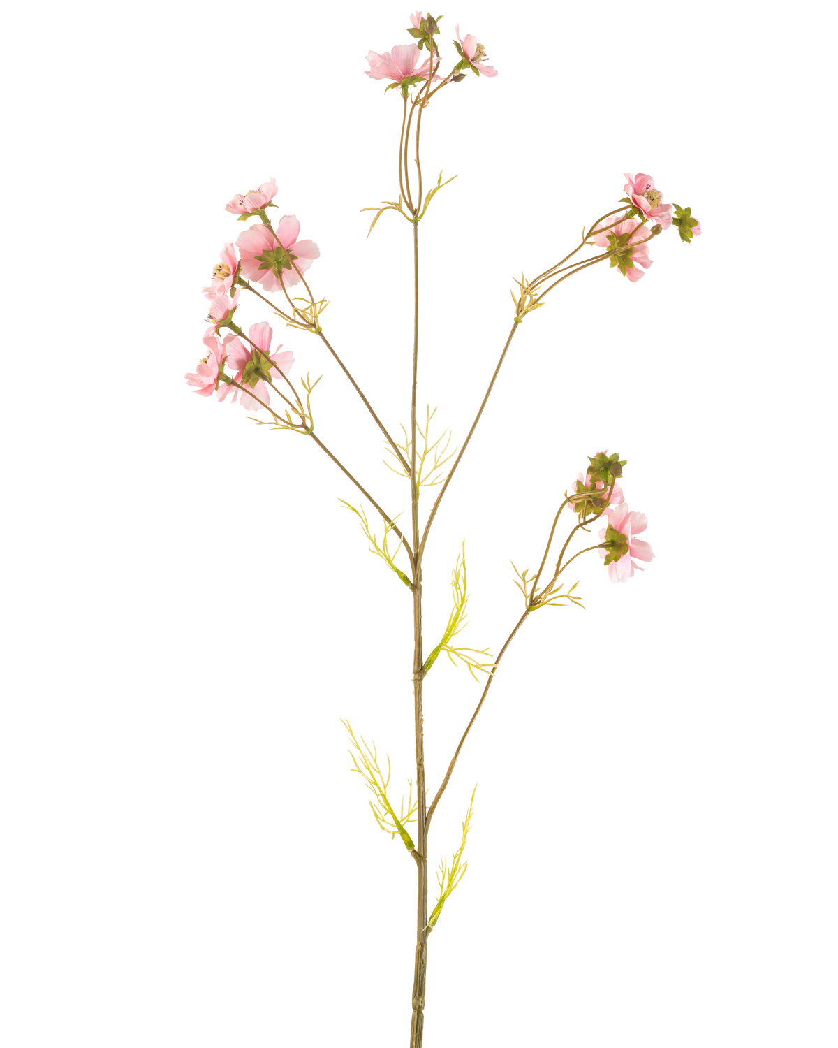 An Artificial Flower Cosmos 95 cm pink has a single tall stem with multiple thin branches, each decorated with bunches of delicate pink flowers and light green leaves, against a plain white background.