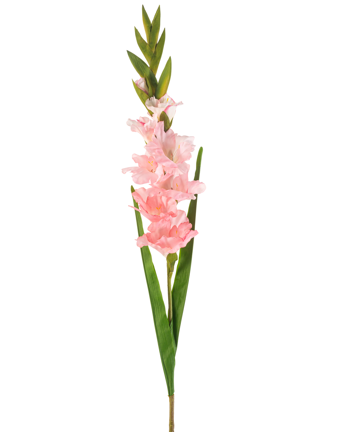 The Artificial Flower Gladiolus 93 cm pink has a single stem with several soft pink flowers and long green leaves, depicted against a white background.