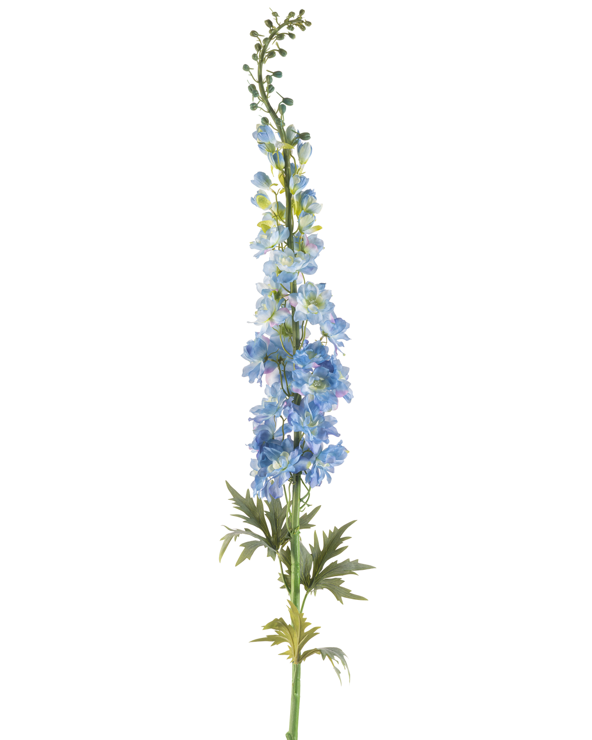 A single stem of Artificial Flower Larkspur 137 cm dark blue, with multiple dark blue artificial blossoms and green leaves, arranged along the upper stem and against a white background.
