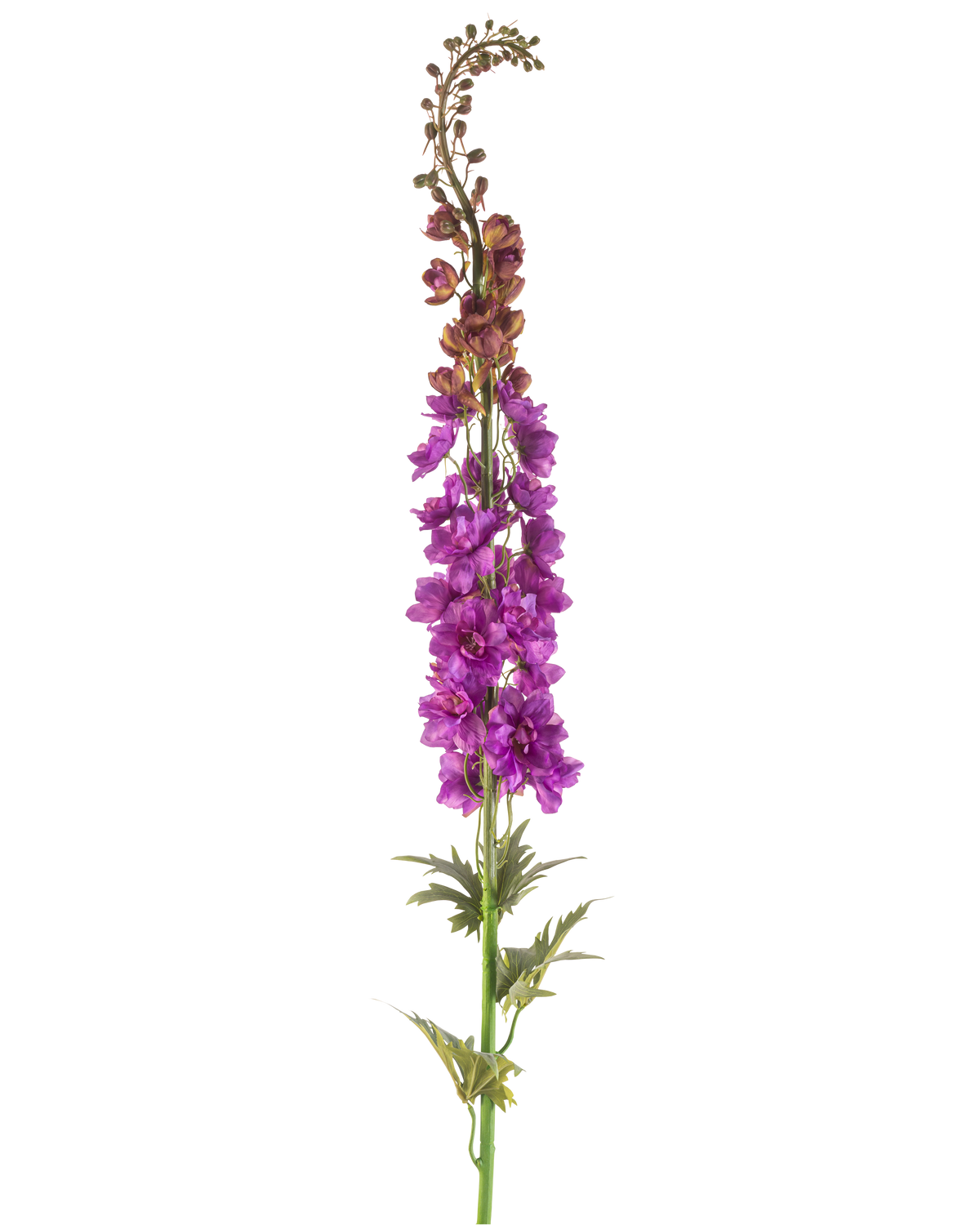 The Artificial Flower Larkspur 137 cm purple has a tall green stem with deeply lobed leaves and clusters of vibrant purple flowers along the top, against a white background.