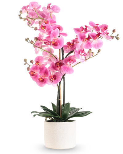 The Artificial Orchid Real Touch 68 cm pink has a vibrant pink orchid with multiple stems and green leaves in a white ceramic pot, against a plain white background.
