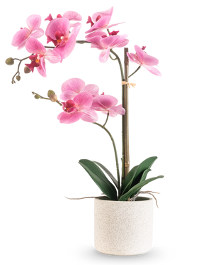 The Artificial Orchid Real Touch 60 cm pink/white has a pink and white orchid with various flowers and green leaves in a white textured pot, supported by a thin bamboo stick, against a plain white background.