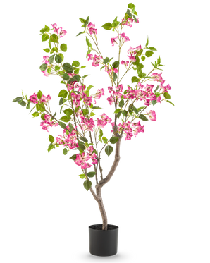 The Artificial Bougainvillea 120 cm has multiple branches, green leaves and bunches of vibrant pink flowers against a plain white background.