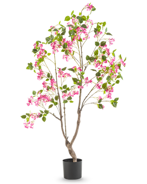 The Artificial Bougainvillea 150 cm is a tall artificial plant with multiple branches, green leaves and vibrant pink flowers in a black pot, against a plain white background.