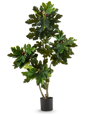 The Artificial Plant Ficus Carica Fig Tree 150 cm is an artificial fig tree in a pot with multiple branches, large green leaves and small dark purple fake figs in a simple black pot against a plain white background.
