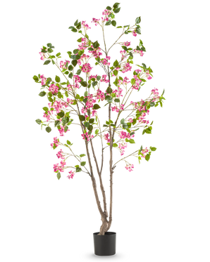 The Artificial Bougainvillea 180 cm is a tall artificial plant with several brown stems, green leaves and bright pink flowers in a black pot, against a plain white background.