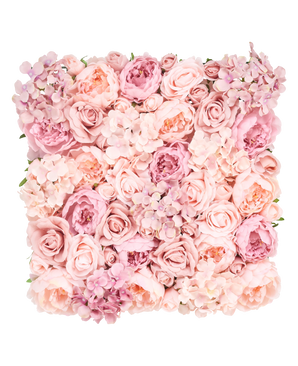 The Artificial Hedge Flowers 50x50 cm has a square display of pink and blush roses, peonies and hydrangeas close together for a soft, elegant look against a white background.