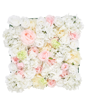 The Artificial Hedge Flowers 50x50 cm white has a square panel full of artificial white roses, peonies and hydrangeas against a white background.
