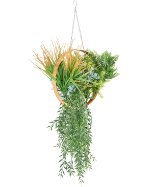 The Artificial hanging plant fern UV 30 cm in ring gold has various artificial plants, such as ferns, cascading vines, spiky grass and blue flowers, arranged in a gold ring with a chain for hanging.